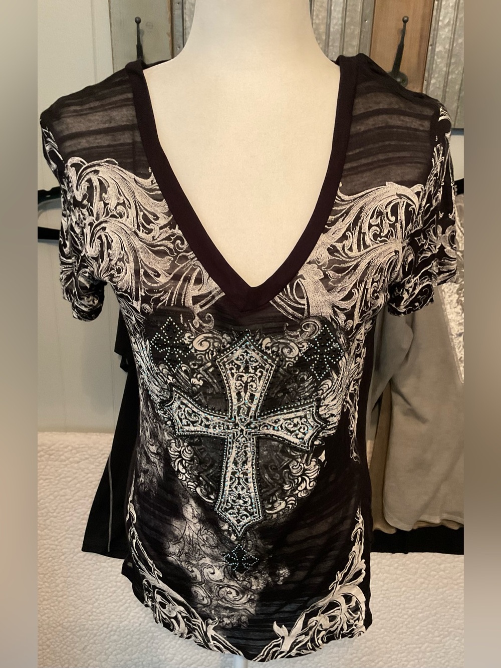 Vocal Black V-Neck Short Sleeve Top with White Cross Graphic
